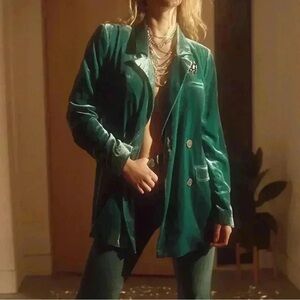 Free people hit the lights lush green double breasted lined velvet blazer